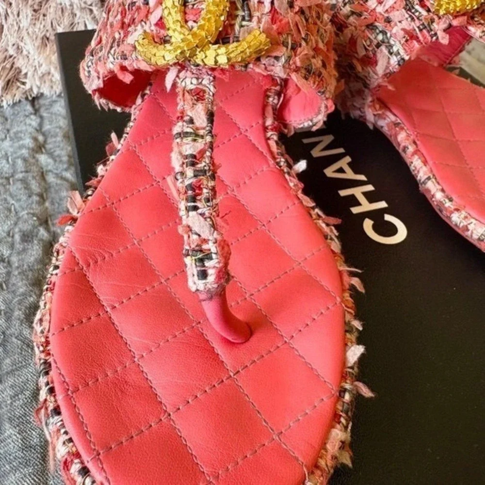 CHANEL Pink Tweed Sandals • Gold CC Logo • Size 37.5 EU • US Size Worn 1X w/ Box - Picture 6 of 15